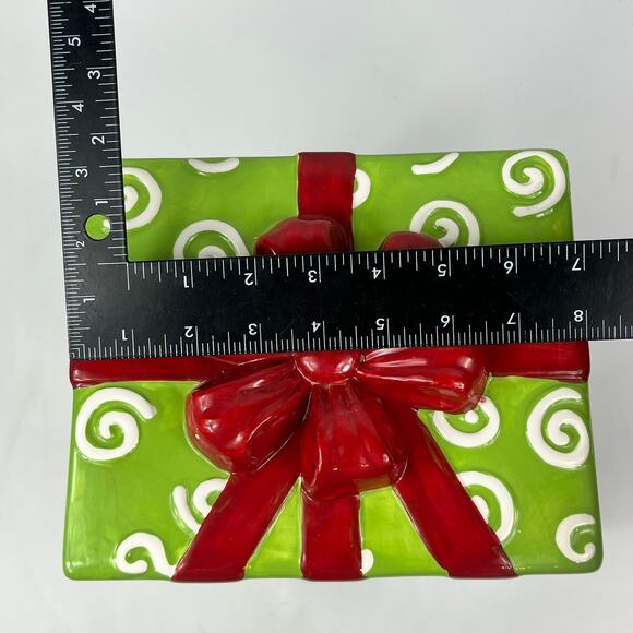 Ceramic Gift Box Canister Christmas Present Cookie Jar Green Red Ribbon Ceramic - Picture 10 of 16